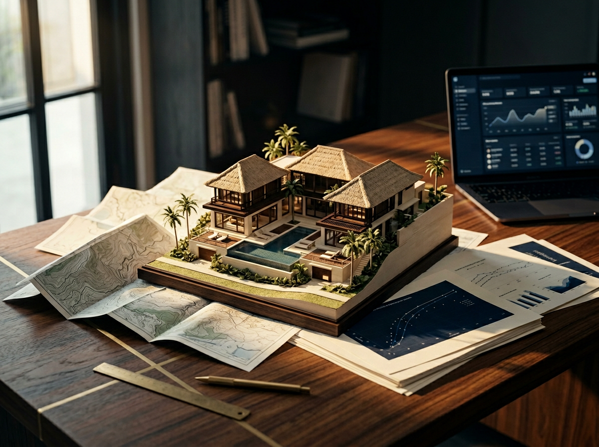 Scale model of an Indonesian villa with maps, printed analytics and an analytics dashboard