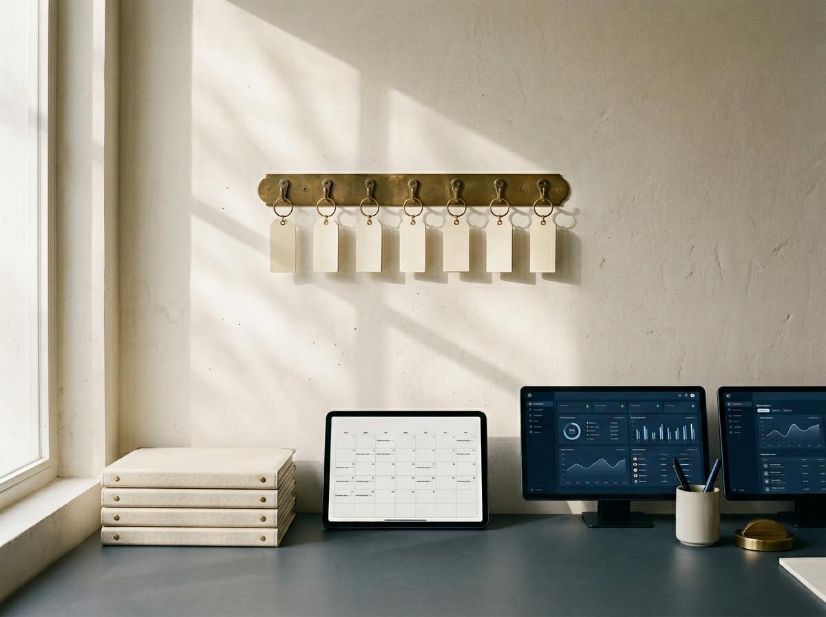 Brass key rack, tablet maintenance calendar and property monitoring dashboards