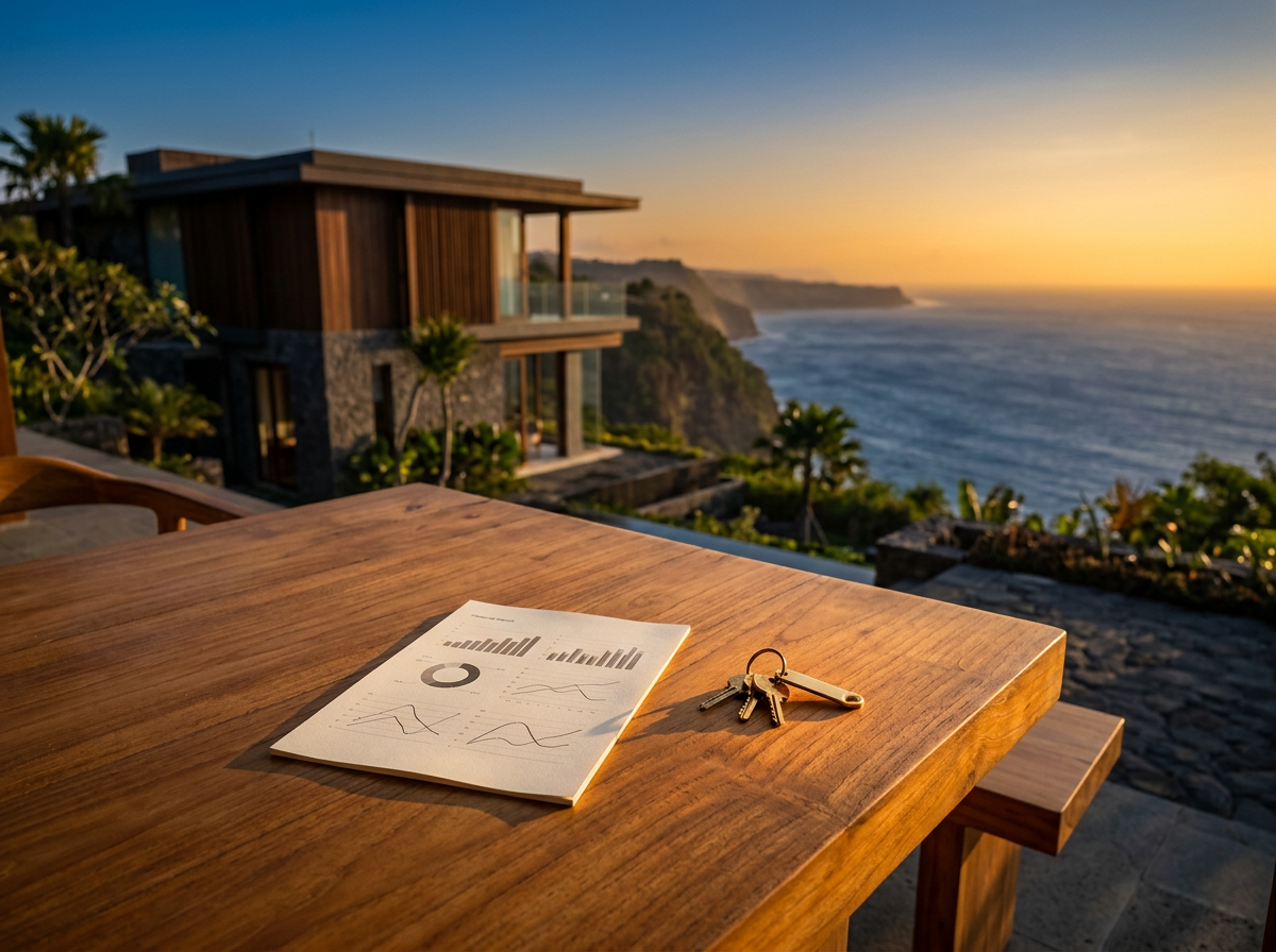 Printed performance report and keys on a teak table overlooking a clifftop Indonesian villa at sunset