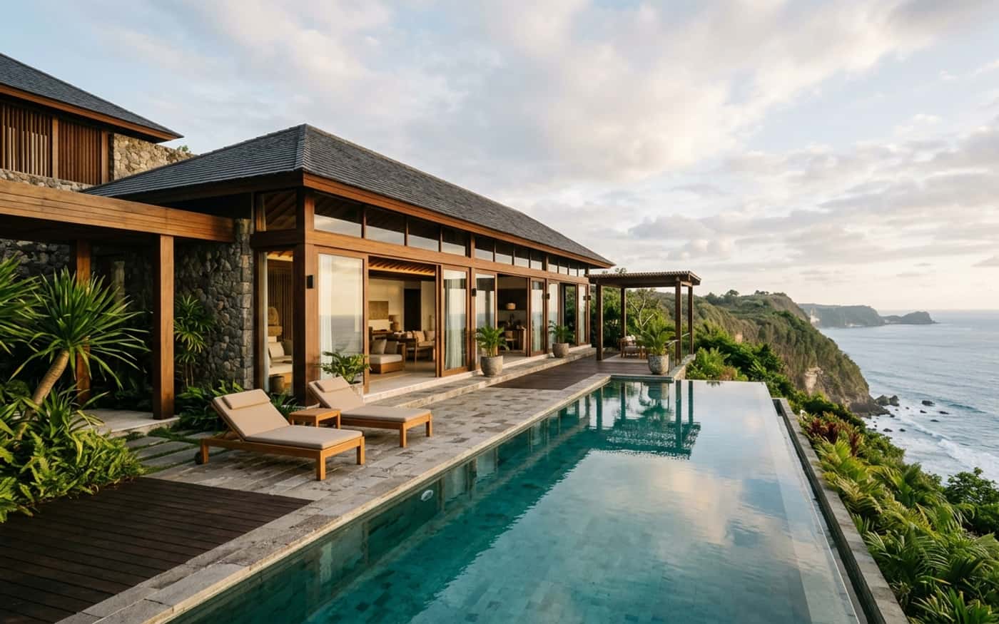 Indonesian coastal architecture, graded navy, viewed through an editorial frame